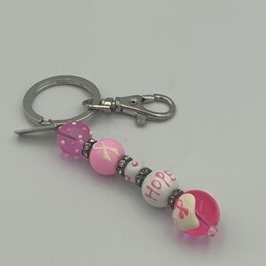 Pink and White Beaded Keychain or Purse Charm With Hope & Ribbon